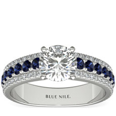 14k 白金三排藍寶石與鑽石訂婚戒指（1/4 克拉總重量）